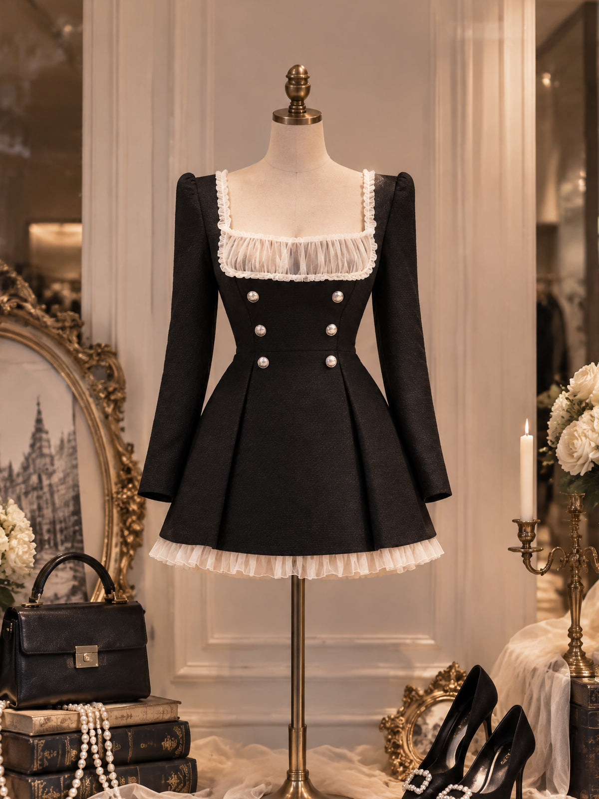 Vintage Mesh Trim Double Breasted Tweed Dress
