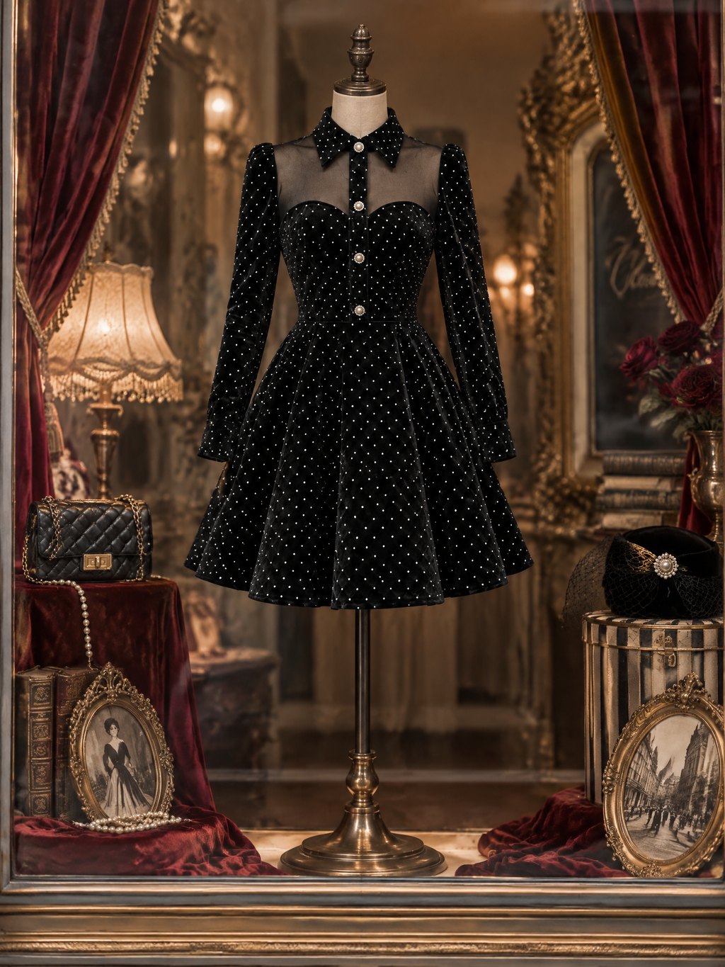 Vintage Velvet Tulle Spliced Rhinestone Mini Dress