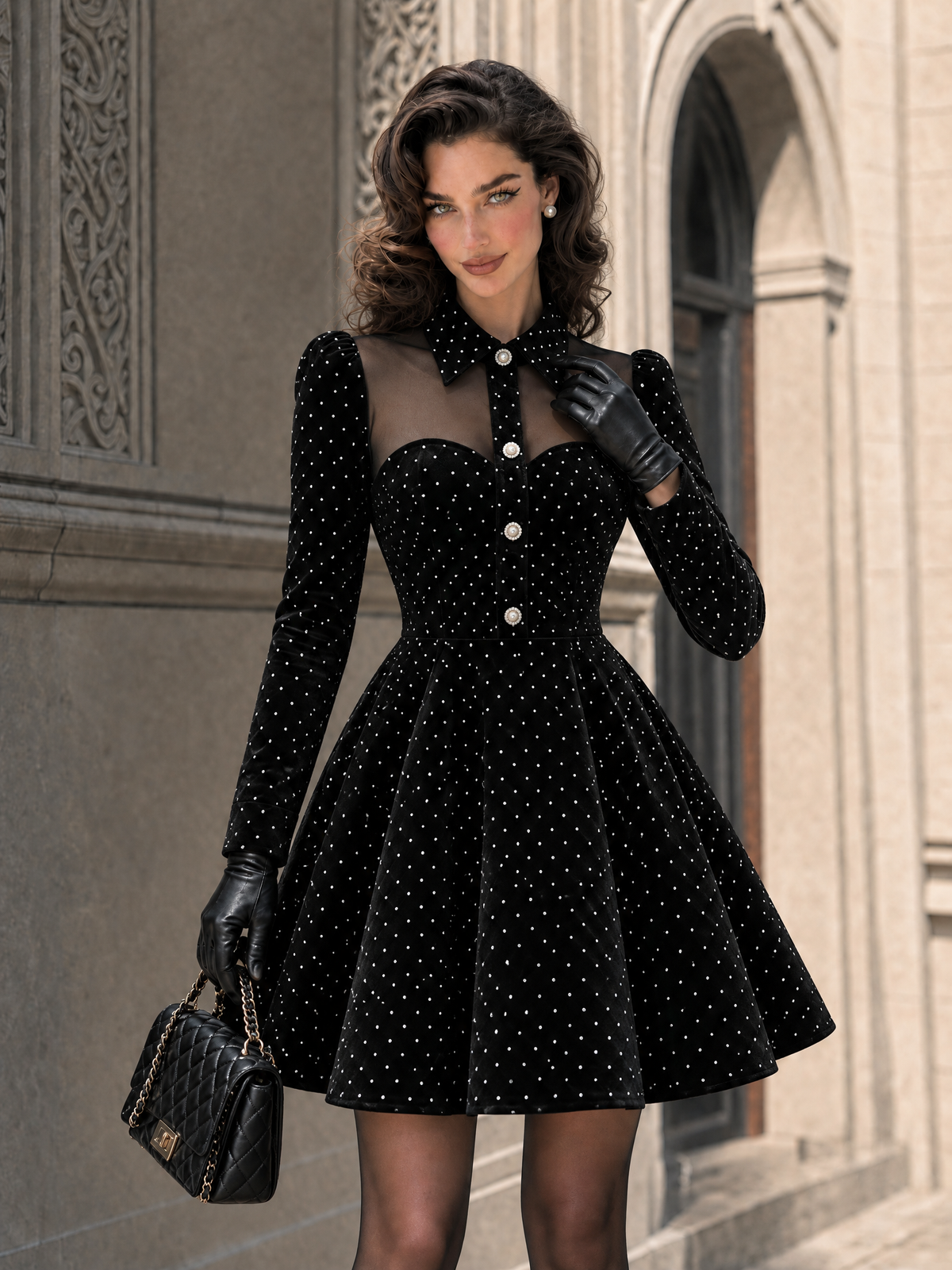 Vintage Velvet Tulle Spliced Rhinestone Mini Dress