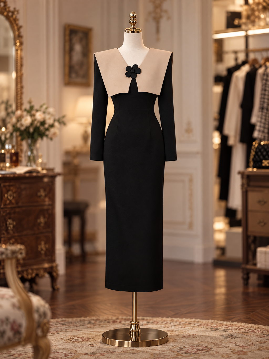 Vintage Contrast Lapel Floral Detail Long Sleeve Midi Dress