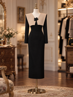 Vintage Contrast Lapel Floral Detail Long Sleeve Midi Dress