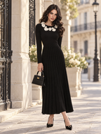 Vintage 3D Floral Neck Long Sleeve Knit Pleated Midi Dress