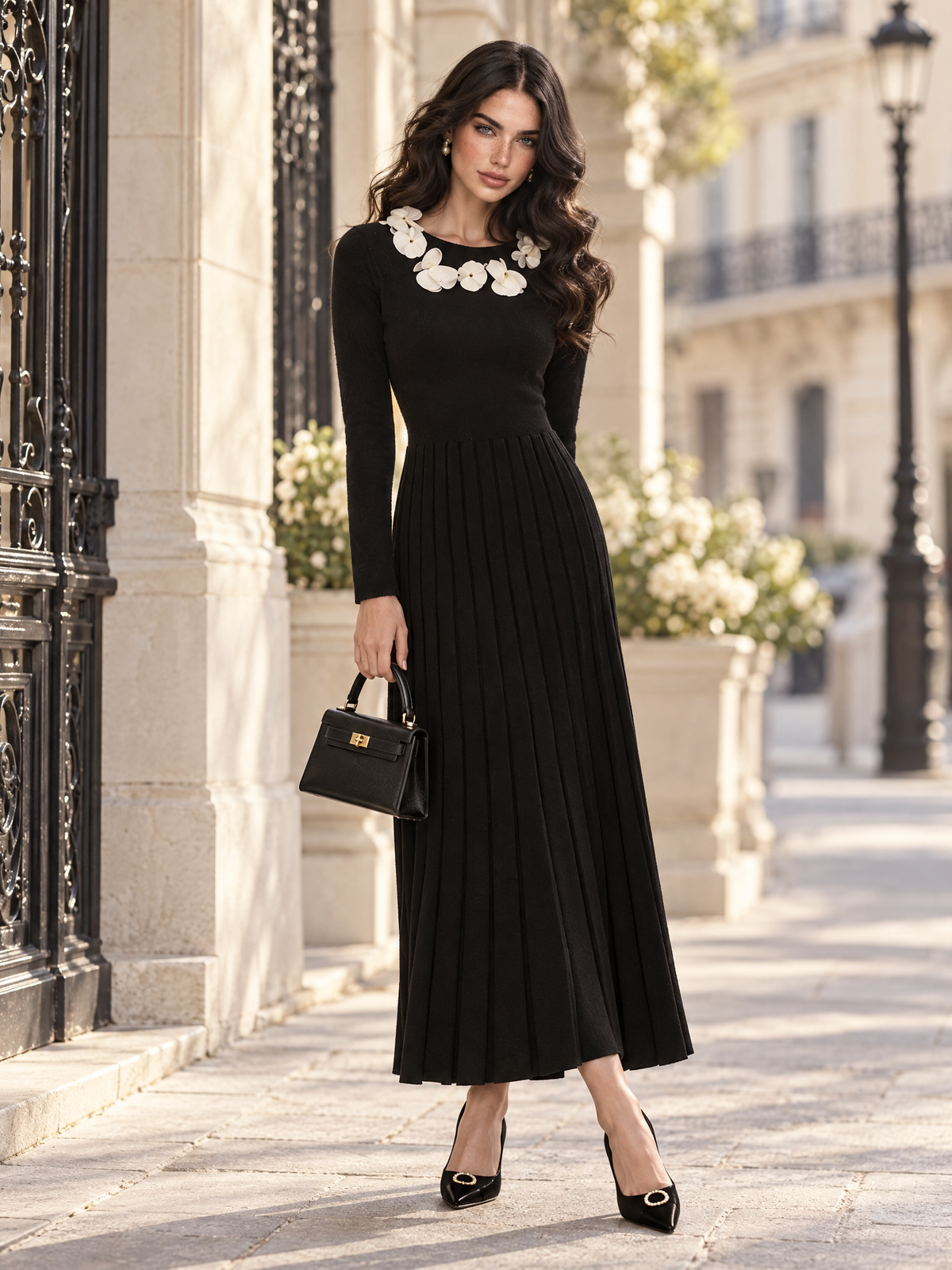 Vintage 3D Floral Neck Long Sleeve Knit Pleated Midi Dress