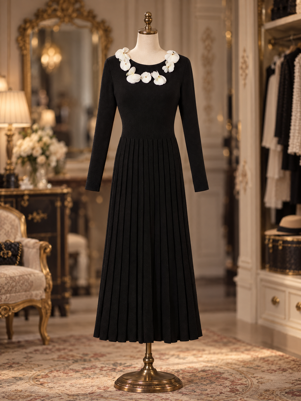 Vintage 3D Floral Neck Long Sleeve Knit Pleated Midi Dress