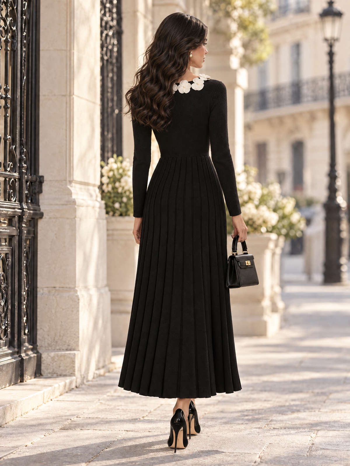 Vintage 3D Floral Neck Long Sleeve Knit Pleated Midi Dress