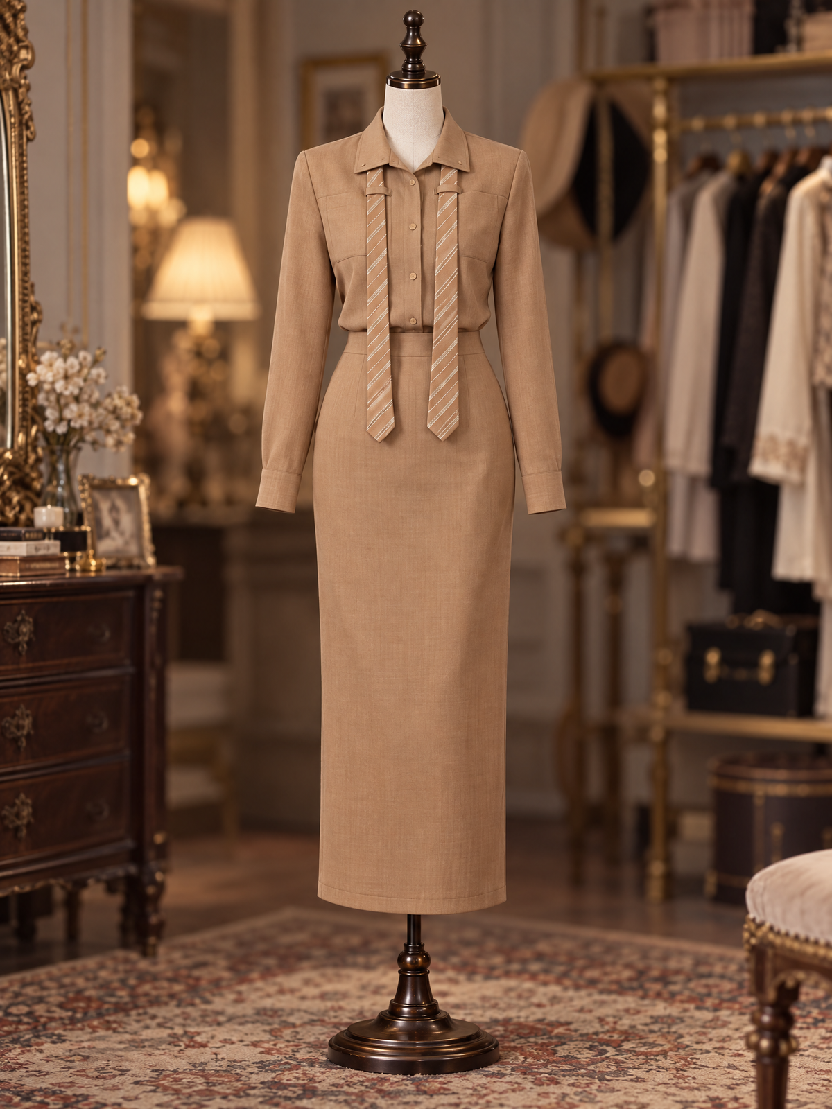Vintage Striped Tie Decor Collared Slim Midi Dress