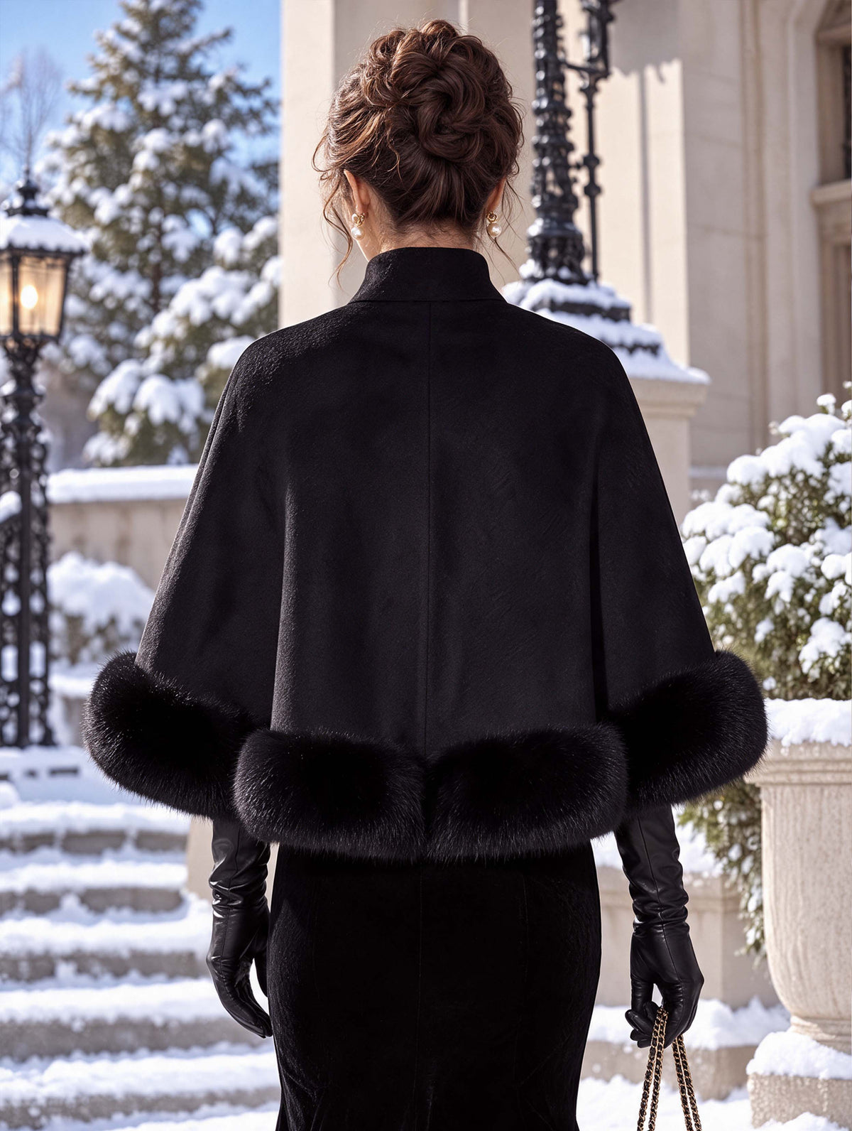 Retro Elegant Pearl Brooch Cape Coat