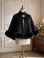 Retro Elegant Pearl Brooch Cape Coat