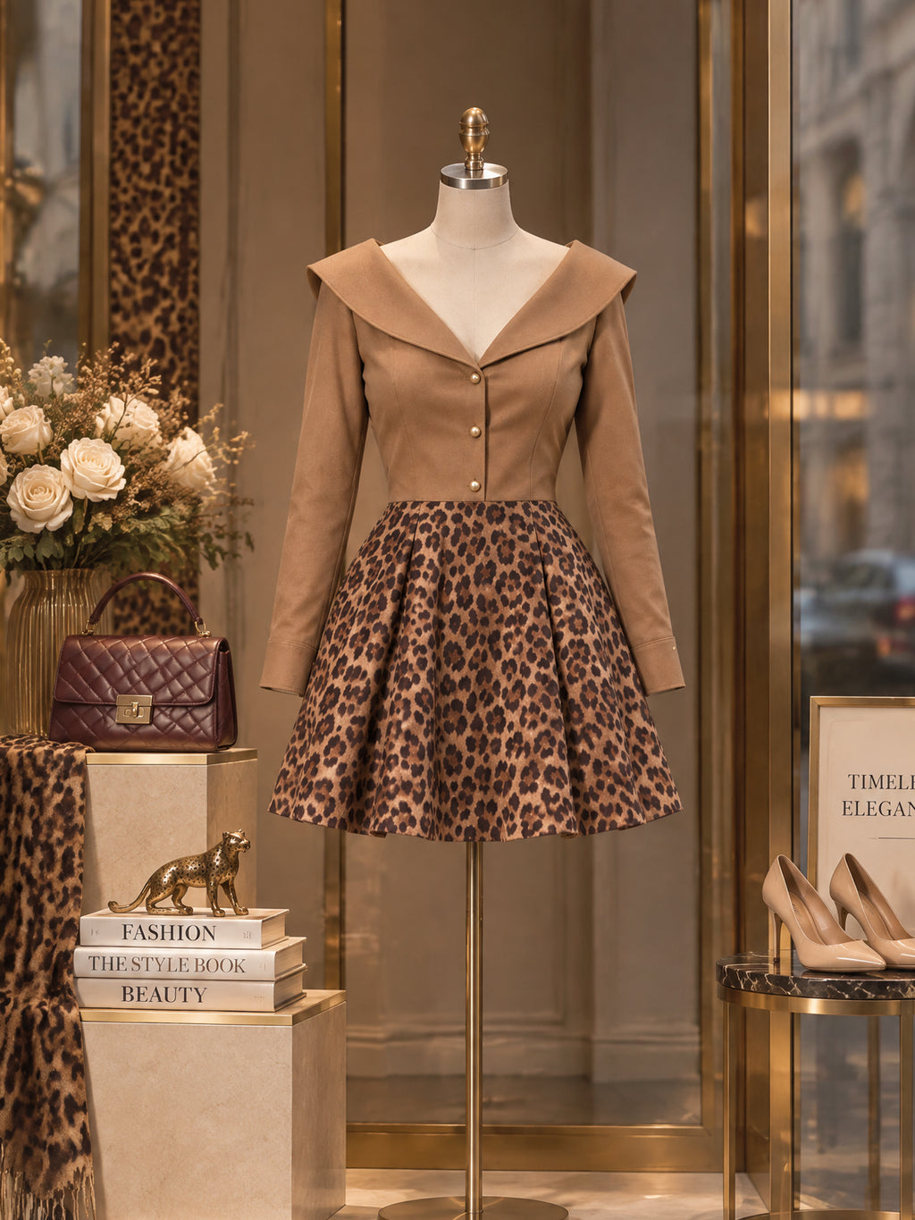 Vintage Leopard-Print Portrait-Collar Flared Mini Dress