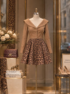 Vintage Leopard-Print Portrait-Collar Flared Mini Dress