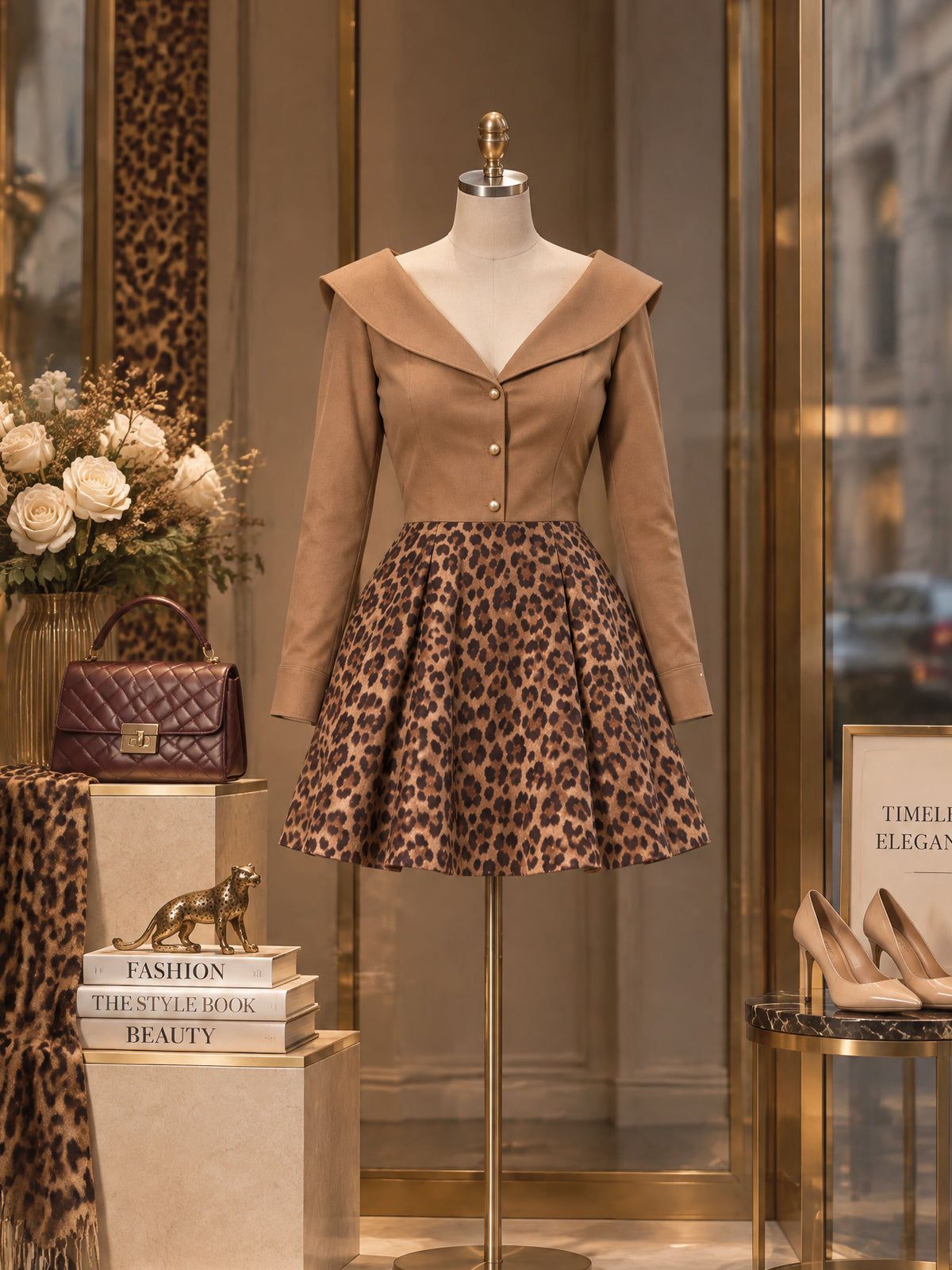 Vintage Leopard-Print Portrait-Collar Flared Mini Dress