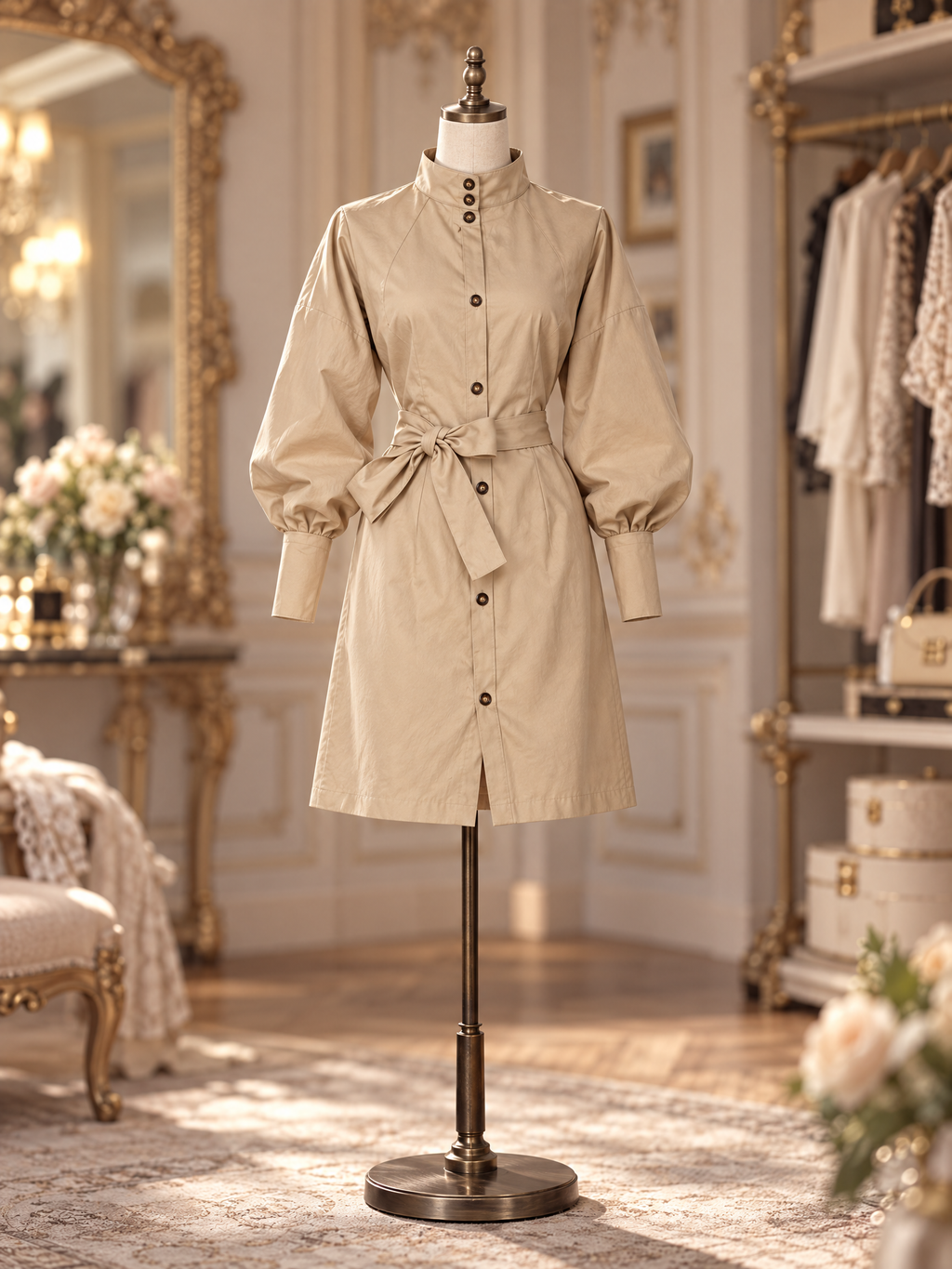 Vintage Khaki Stand Collar Belted Trench Style Dress