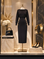 Vintage Gold-Button Dolman Ribbed Knit Midi Dress