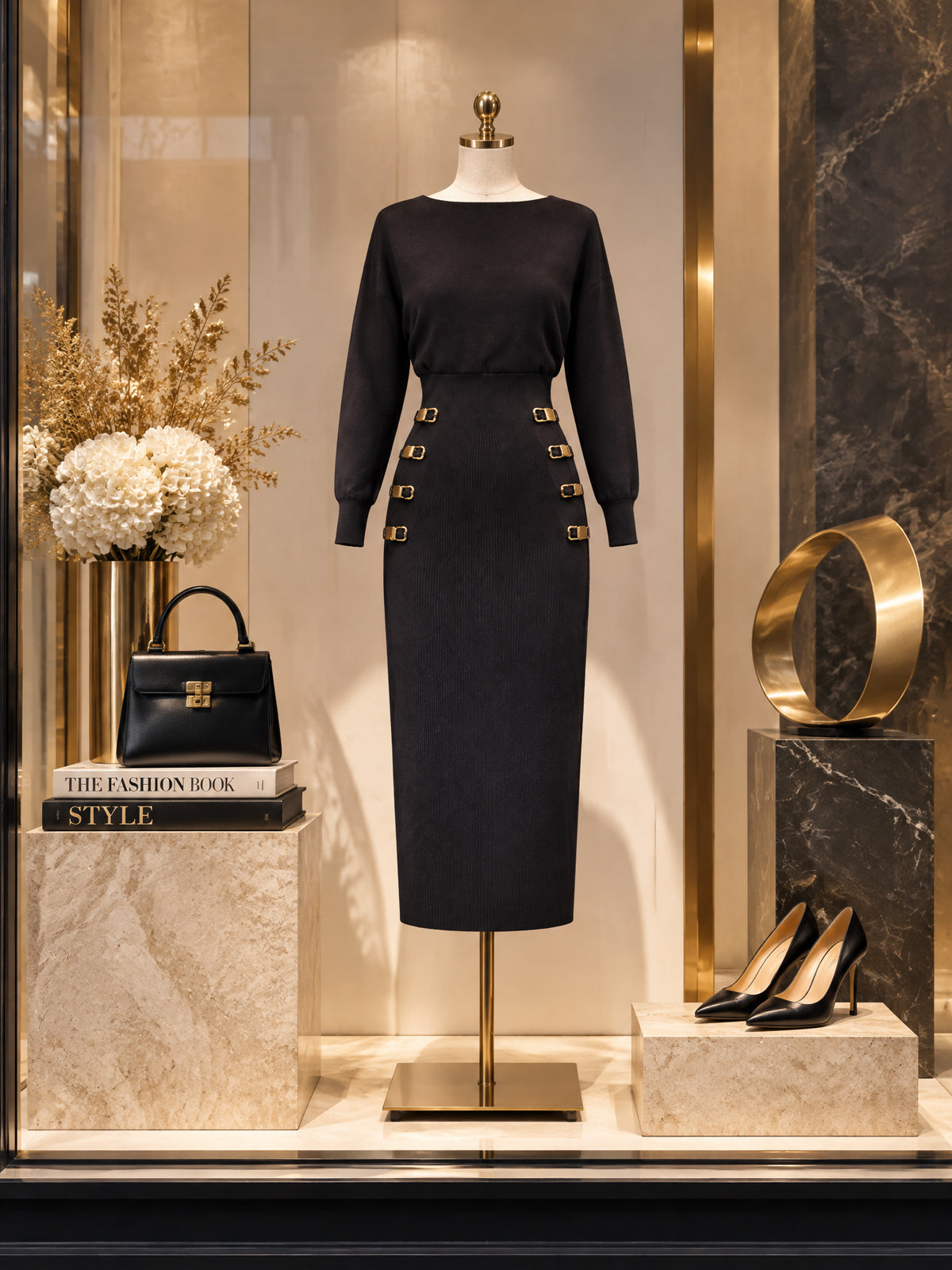 Vintage Gold-Button Dolman Ribbed Knit Midi Dress