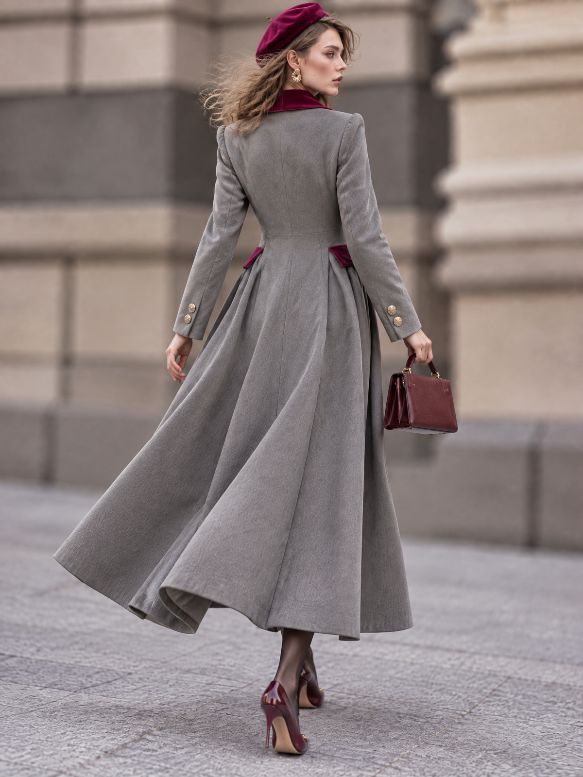 Vintage Color Block Velvet Spliced Woolen Maxi Coat