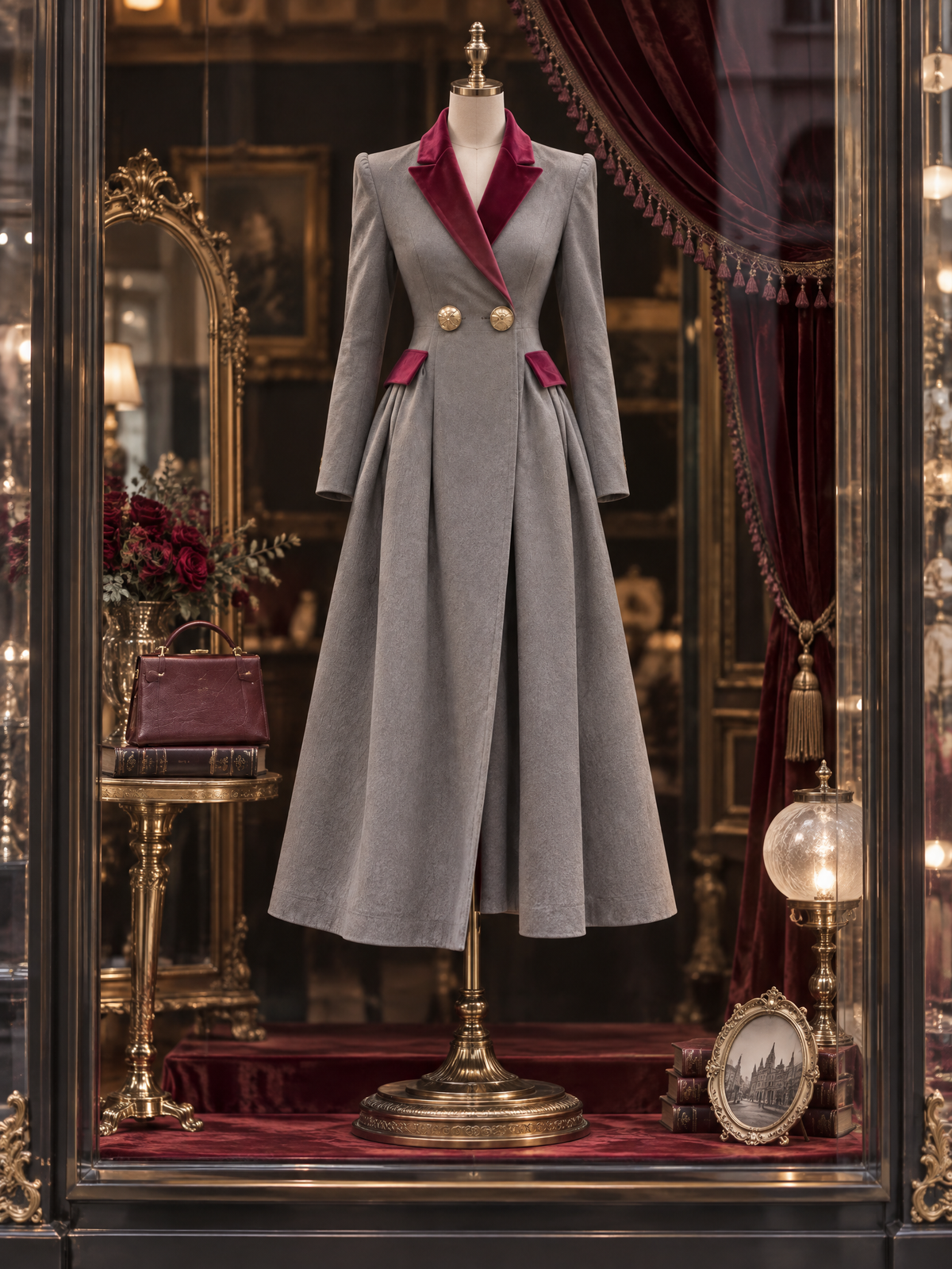 Vintage Color Block Velvet Spliced Woolen Maxi Coat