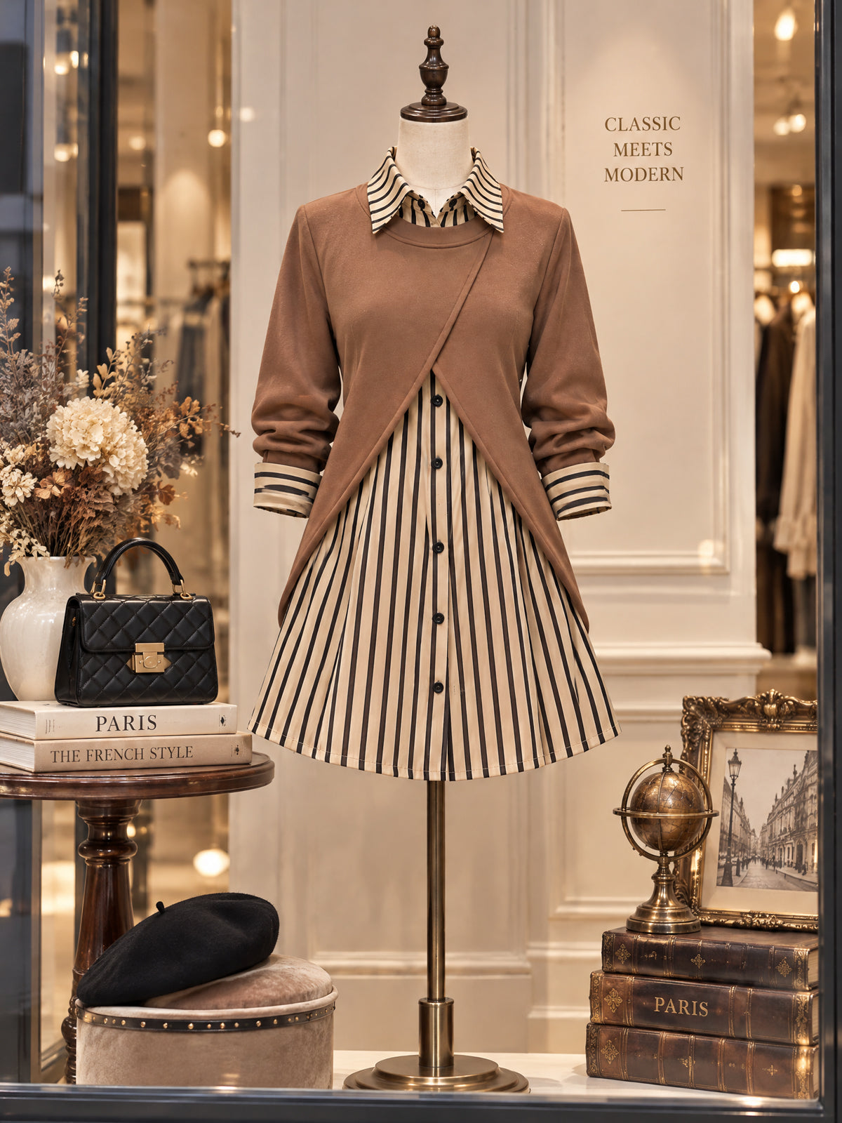 Vintage Striped Layered Two-Piece Shirt Dress Set