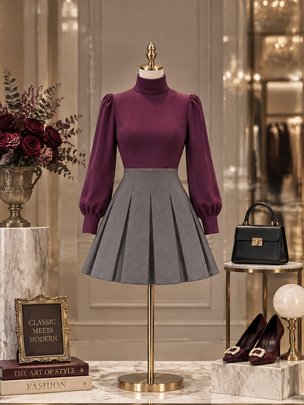 Vintage Turtleneck Colorblock Pleated Wool Mini Dress