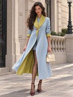 Vintage Contrast-Lapel Brooch Longline Wool Coat