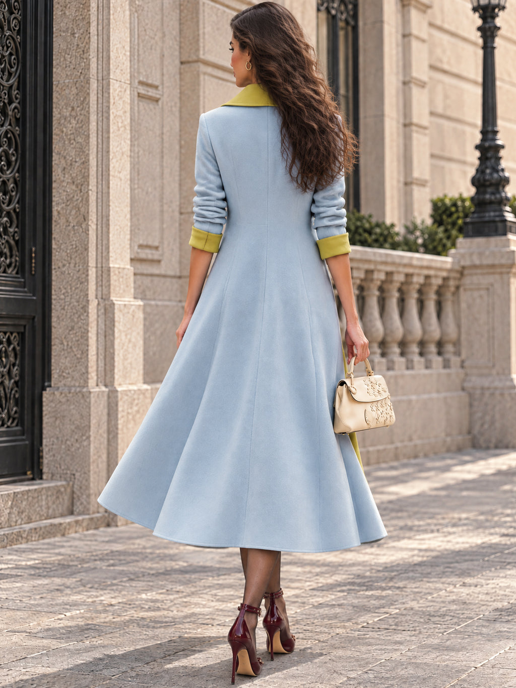 Vintage Contrast-Lapel Brooch Longline Wool Coat