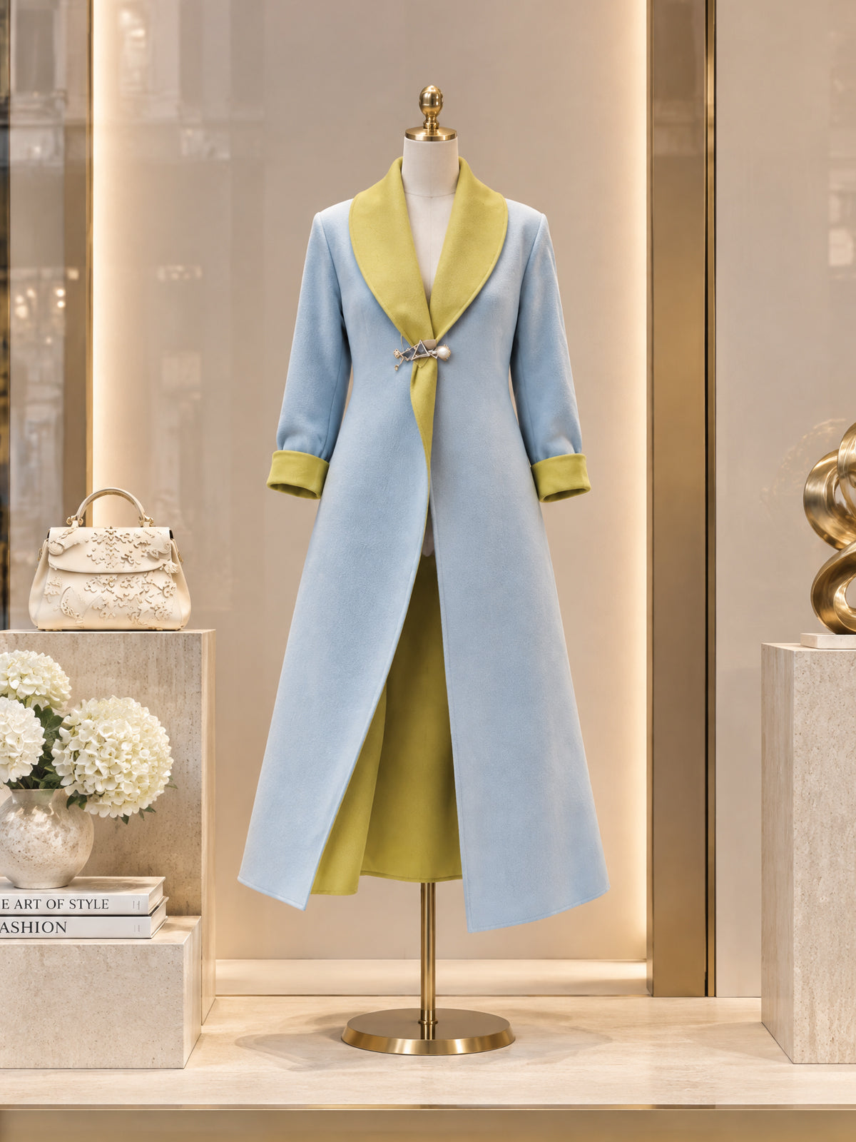 Vintage Contrast-Lapel Brooch Longline Wool Coat