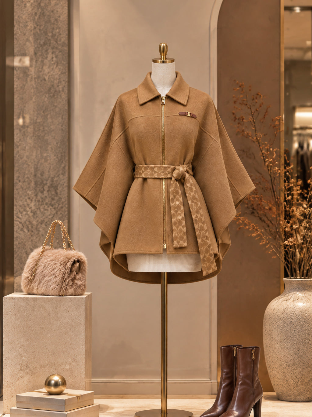 Vintage Belted Zip-Front Wool Cape Coat