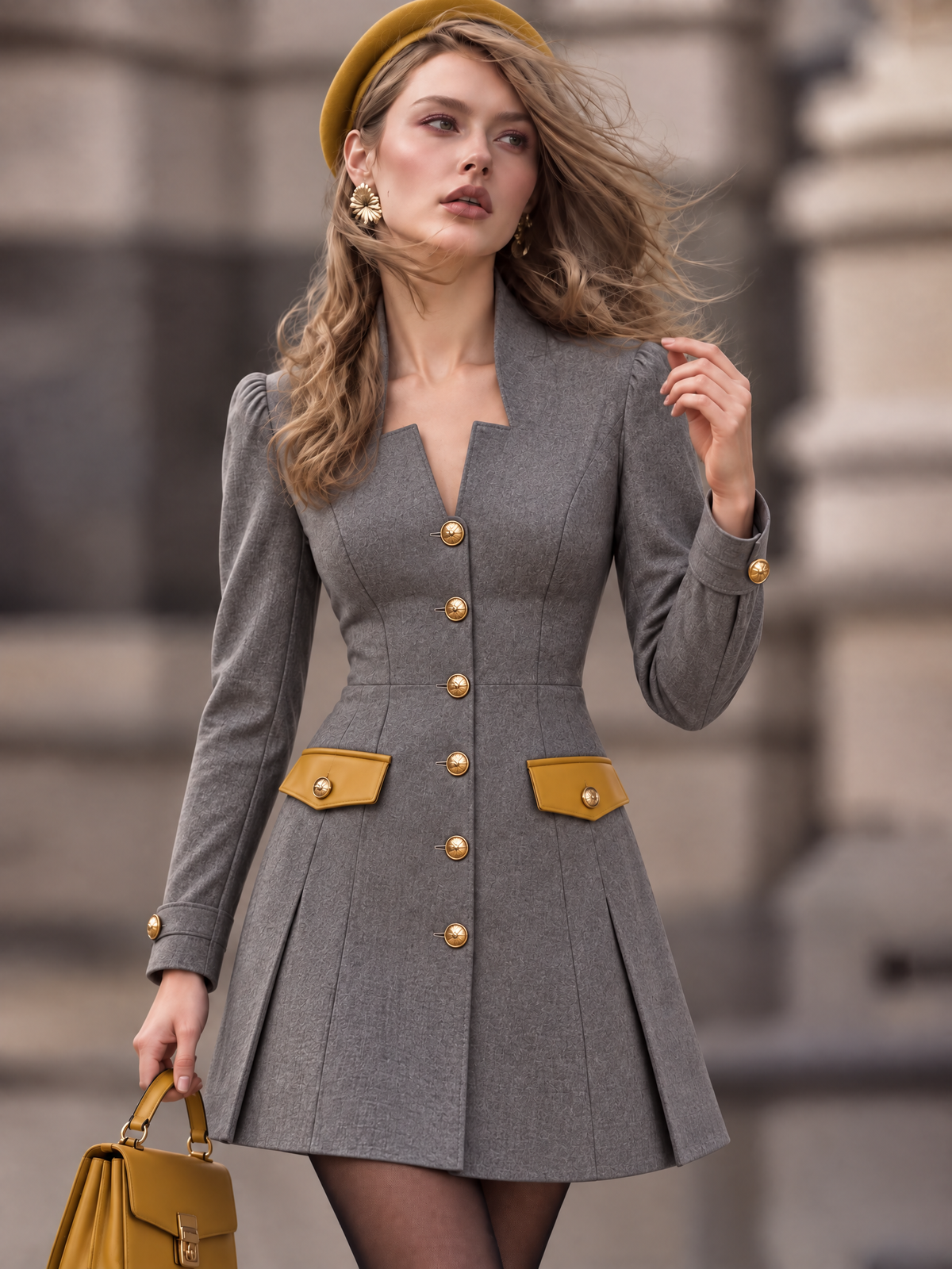 Vintage Color Block Single-breasted Mini Dress