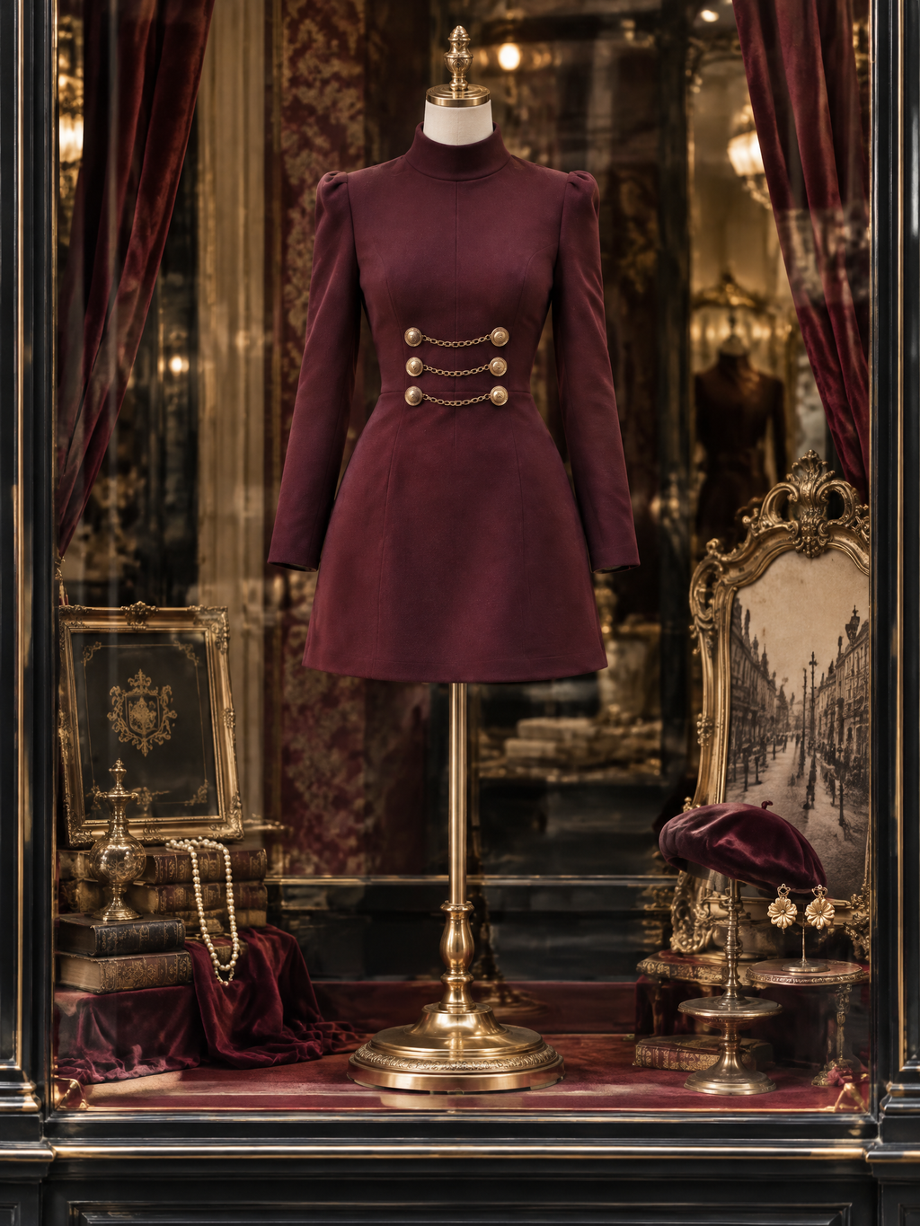 Vintage High Neck Woolen Double-breasted Mini Dress