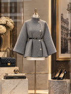 Vintage Gold-Button Belted Herringbone Wool Cape