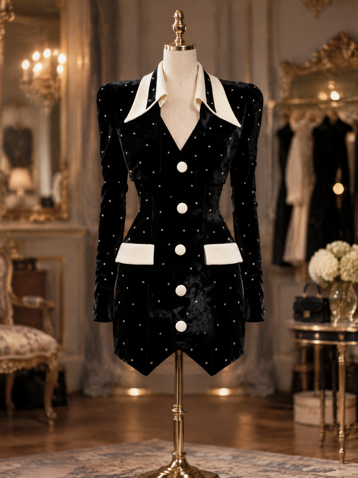 Vintage B&W Rhinestone Velvet Faux Two-Piece Slim Mini Dress