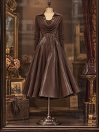 Vintage PU Spliced Cowl Neck Umbrella Midi Dress