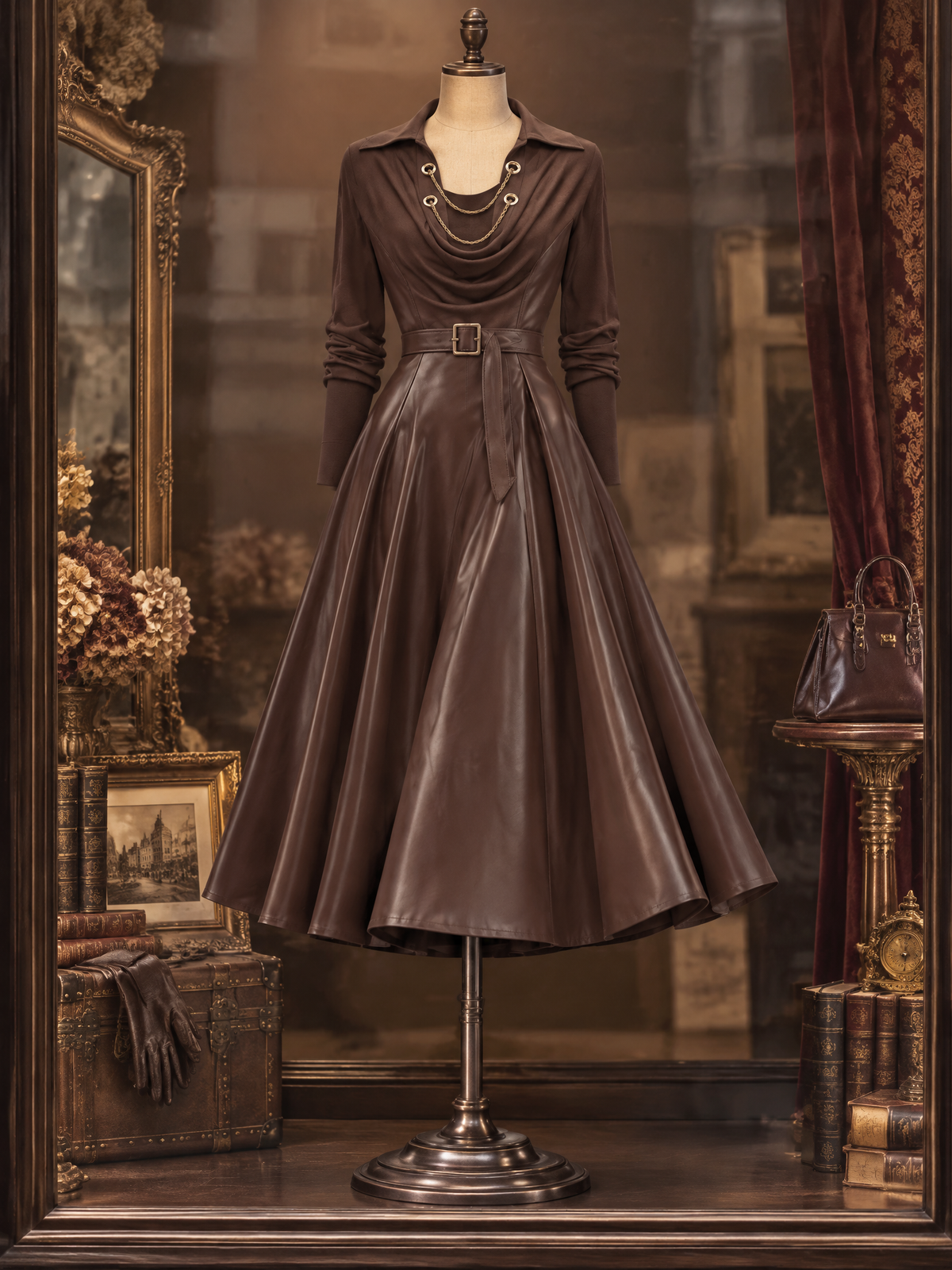 Vintage PU Spliced Cowl Neck Umbrella Midi Dress
