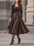 Vintage PU Spliced Cowl Neck Umbrella Midi Dress