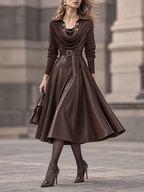 Vintage PU Spliced Cowl Neck Umbrella Midi Dress