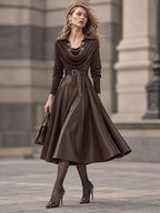 Vintage PU Spliced Cowl Neck Umbrella Midi Dress