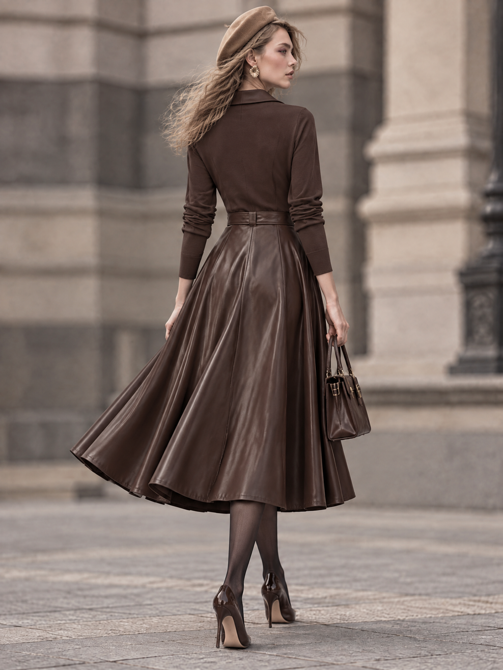 Vintage PU Spliced Cowl Neck Umbrella Midi Dress