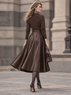 Vintage PU Spliced Cowl Neck Umbrella Midi Dress