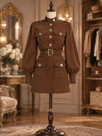 Vintage Brown Safari Dress Suede Effect Stand Collar Belted Mini Dress