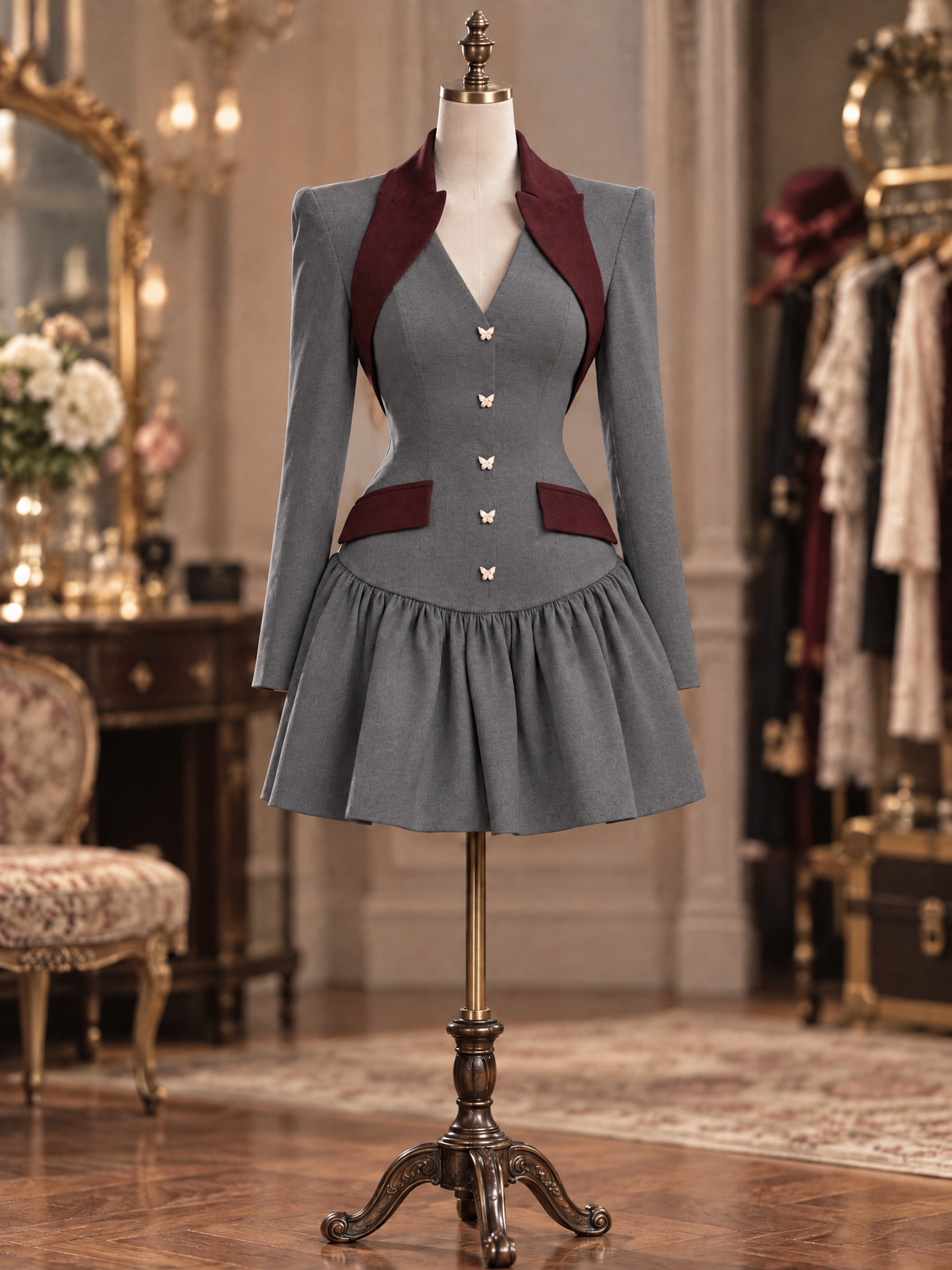 Vintage Wool Blend Contrast Burgundy Lapel Tailored Flared Mini Dress