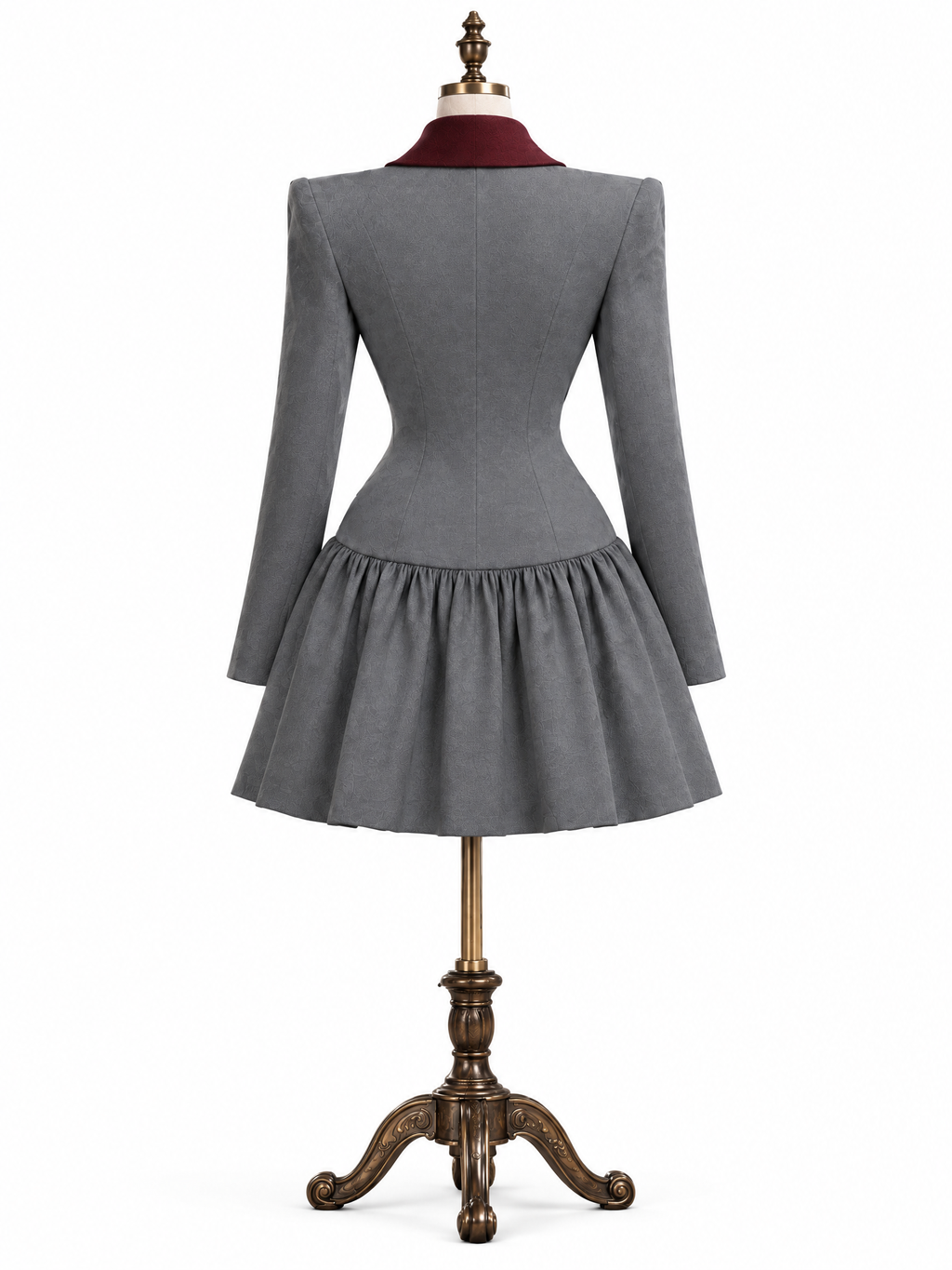 Vintage Wool Blend Contrast Burgundy Lapel Tailored Flared Mini Dress