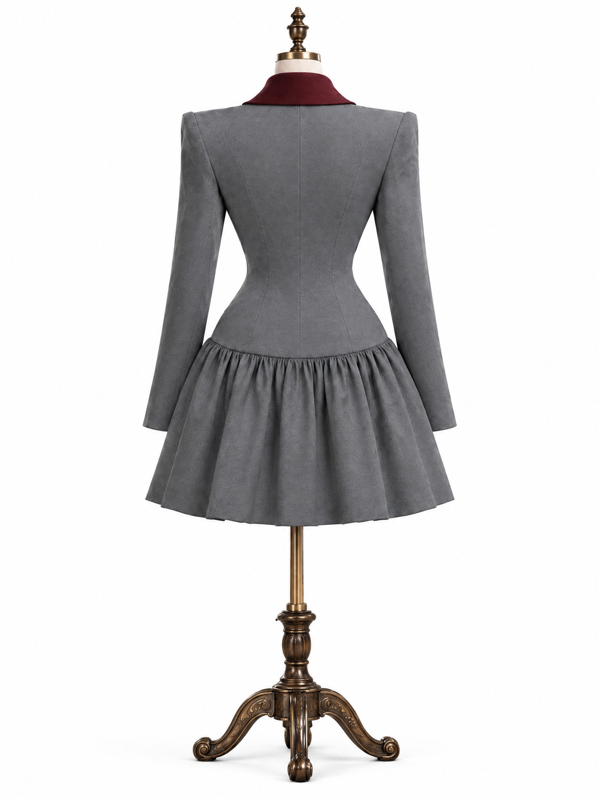 Vintage Wool Blend Contrast Burgundy Lapel Tailored Flared Mini Dress