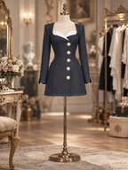 Vintage Contrast Heart Neck Denim Fitted Pearl Button Mini Dress