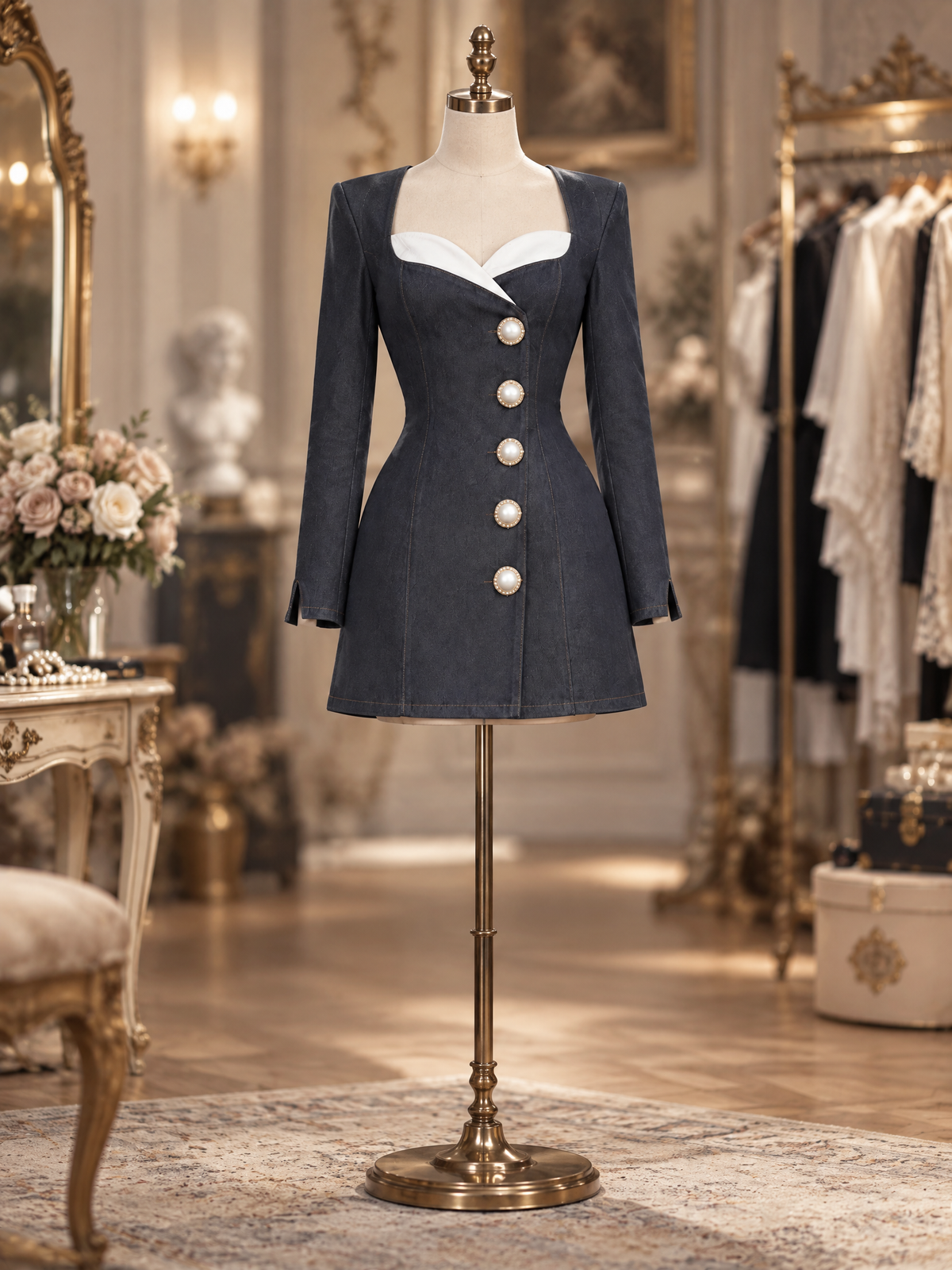 Vintage Contrast Heart Neck Denim Fitted Pearl Button Mini Dress
