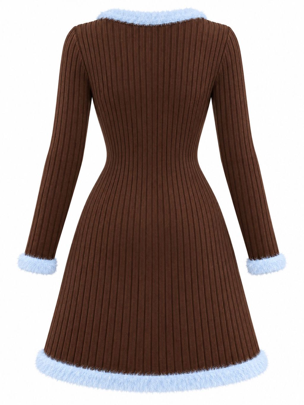 Vintage Fuzzy Trim Knit Dress, Brown Blue Fake Two-Piece Mini Dress