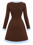 Vintage Fuzzy Trim Knit Dress, Brown Blue Fake Two-Piece Mini Dress
