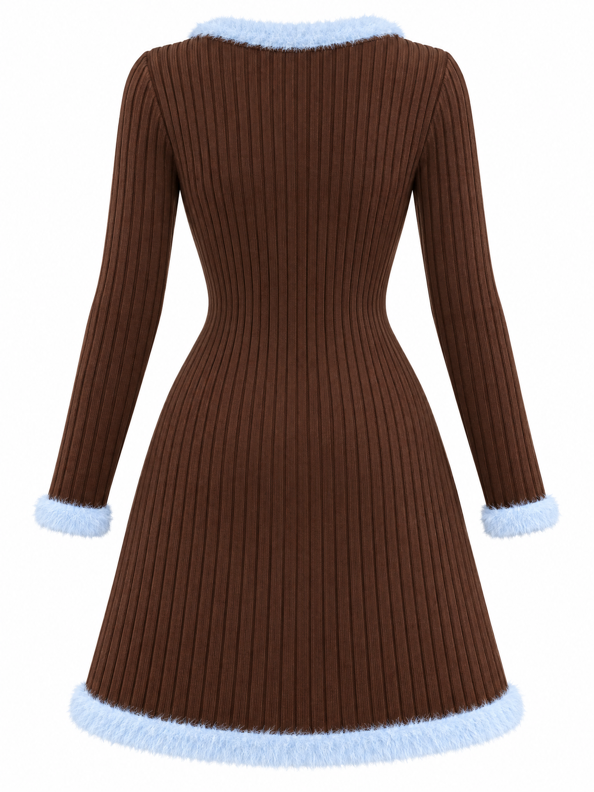 Vintage Fuzzy Trim Knit Dress, Brown Blue Fake Two-Piece Mini Dress