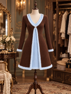 Vintage Fuzzy Trim Knit Dress, Brown Blue Fake Two-Piece Mini Dress