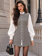 Vintage Frog-Button Layered Shirt Mini Dress