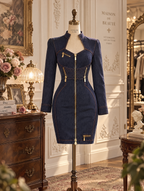 Retro Stand Collar Multi-Zip Denim Bodycon Mini Dress