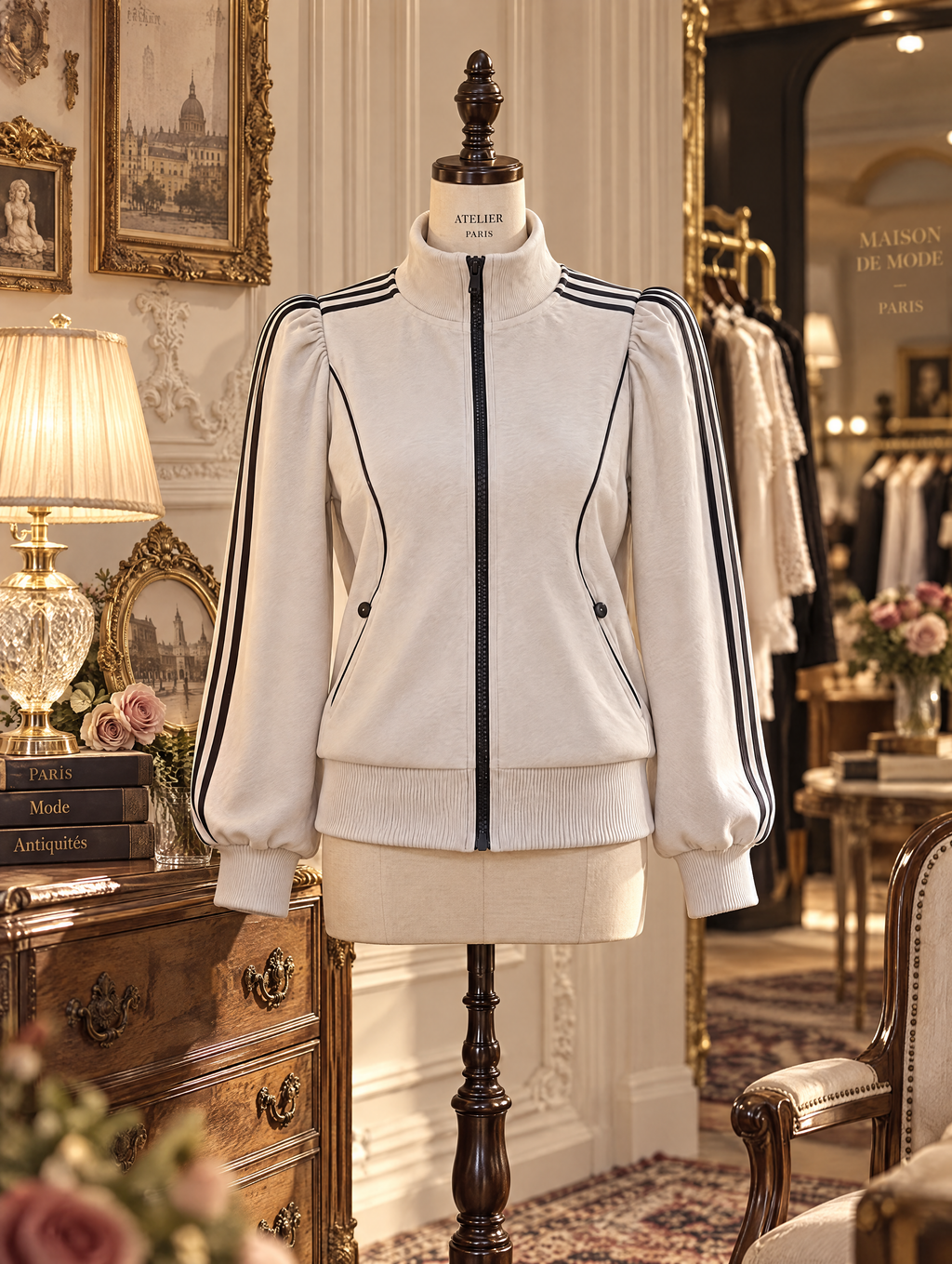 Vintage Striped Puff Sleeve Zip-Up Track Jacket